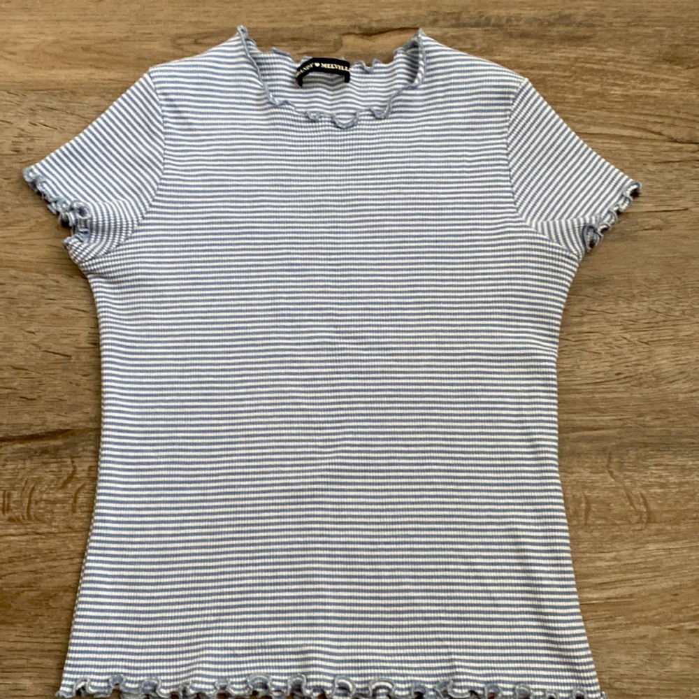 Brandy Melville Ruffle Tee Top White Blue Striped Short Sleeve Shirt NWOT